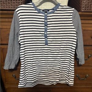 Navy and white striped top with denim trim 1X